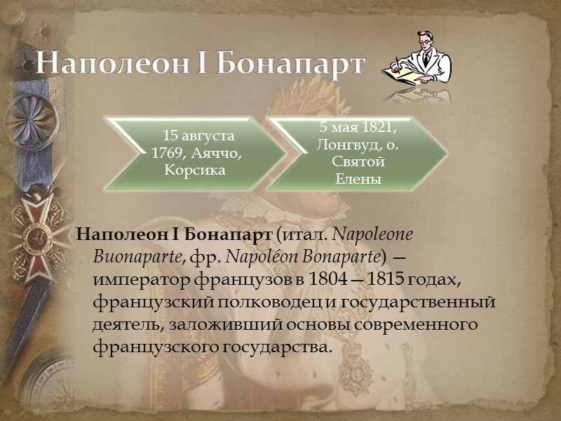 Наполеон I Бонапарт Наполеон I Бонапарт (итал. Napoleone Buonaparte, фр. Napoléon Bonaparte) — император Наполеон I Бонапарт Наполеон I Бонапарт (итал. Napoleone Buonaparte, фр. Napoléon Bonaparte) — император